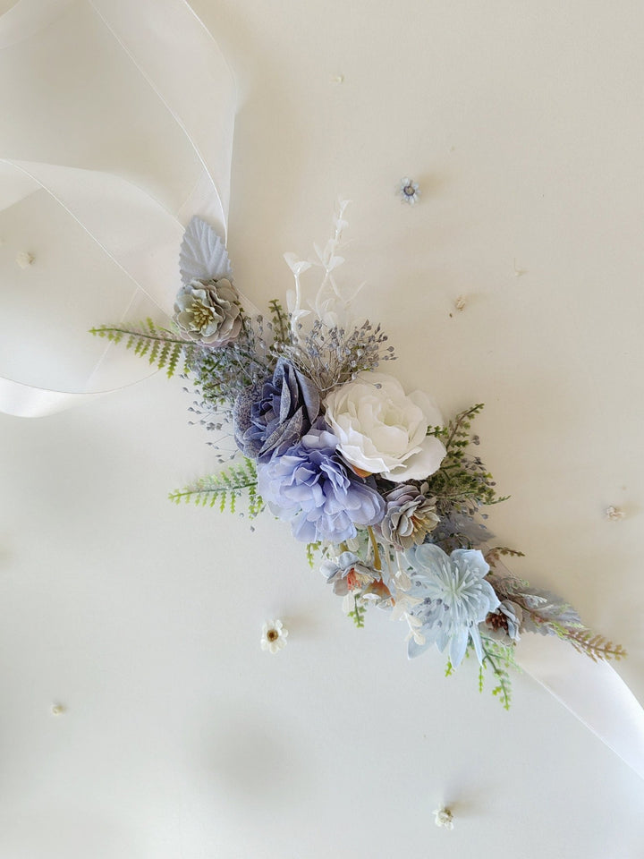 Blue Flower Bridal Belt: Romantic Rustic Wedding Dress Accessory – handmade floral hair accessory by magaela