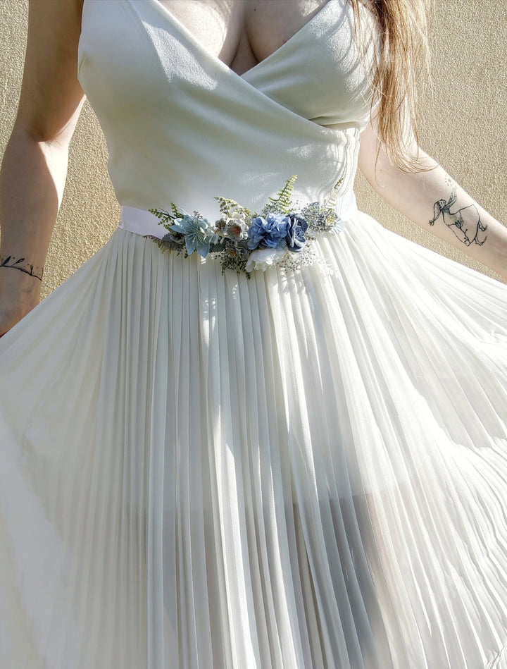 Blue Flower Bridal Belt: Romantic Rustic Wedding Dress Accessory – handmade floral hair accessory by magaela