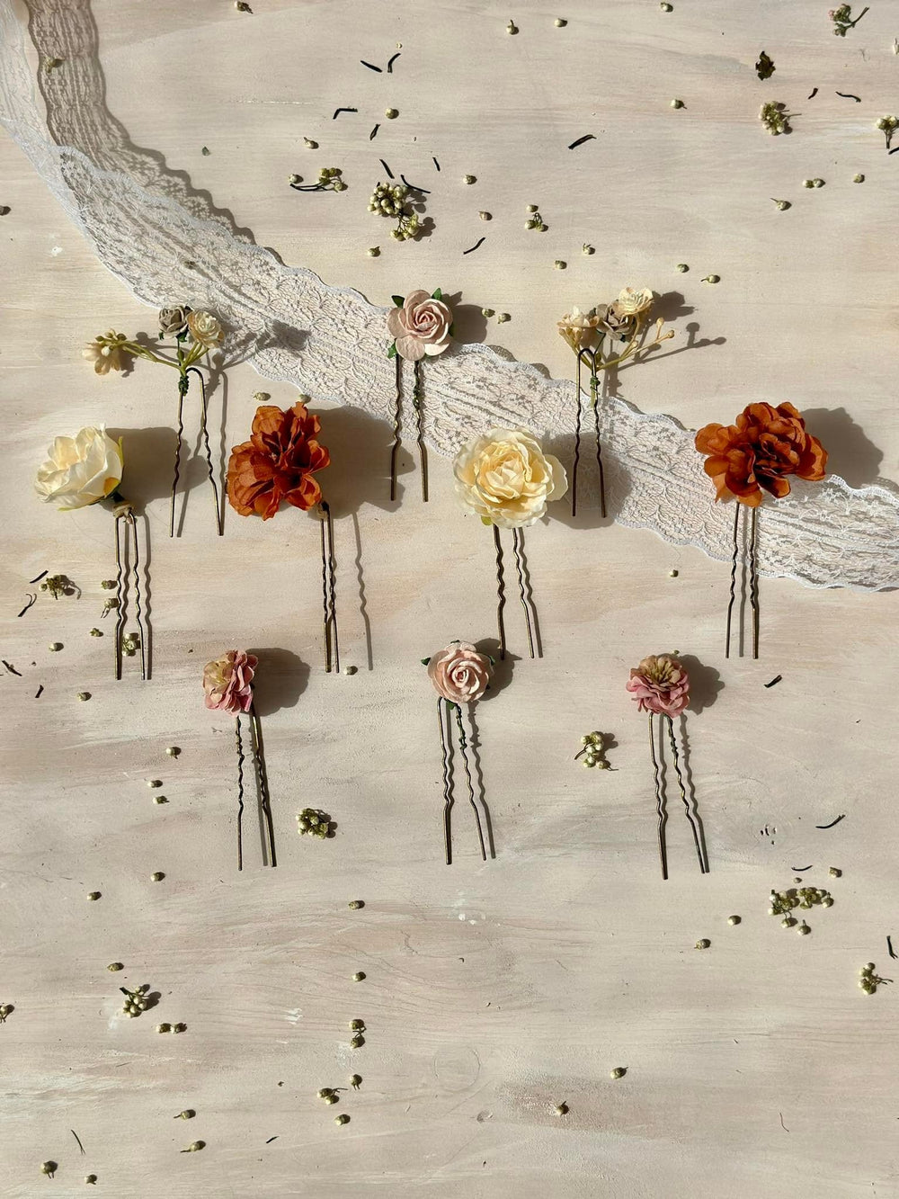Bridal Flower Hair Pins: Ivory, Cream & Burnt Orange Roses - Set of 7 – handmade floral hair accessory by magaela