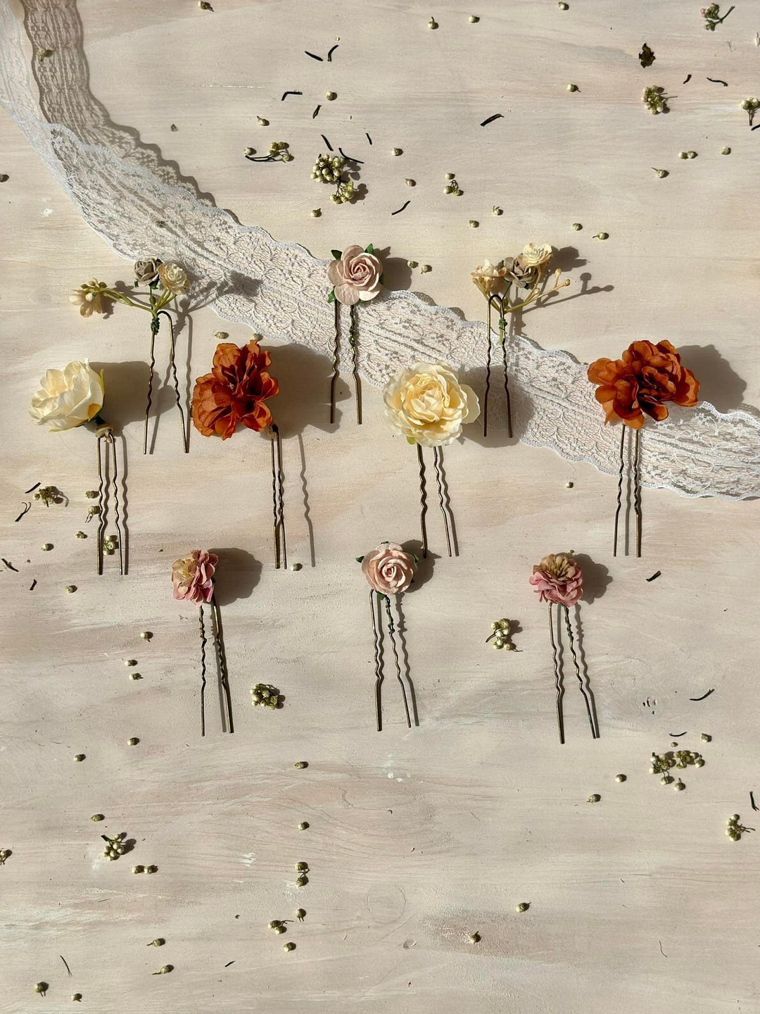 Bridal Flower Hair Pins: Ivory, Cream & Burnt Orange Roses - Set of 7 – handmade floral hair accessory by magaela