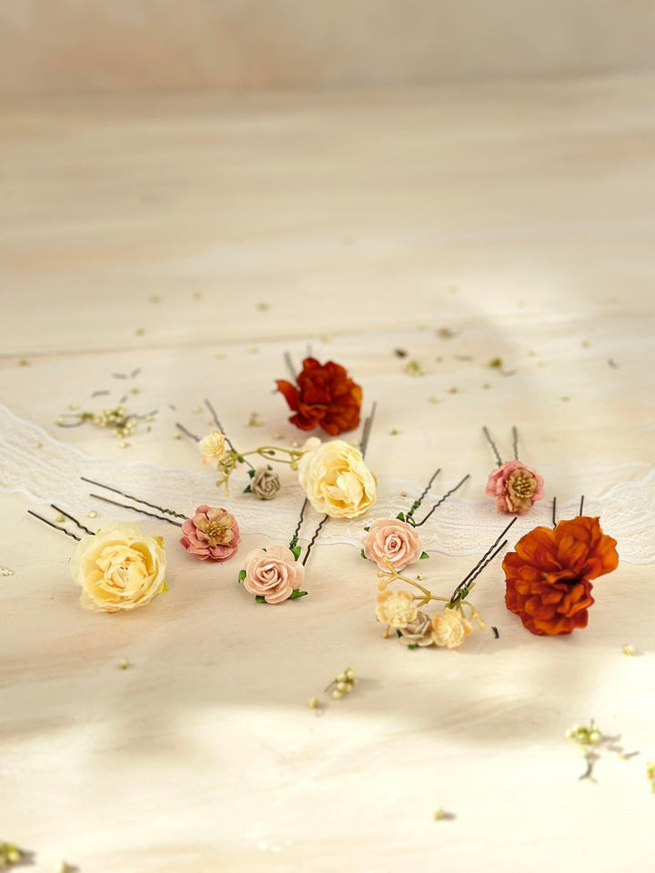 Bridal Flower Hair Pins: Ivory, Cream & Burnt Orange Roses - Set of 7 – handmade floral hair accessory by magaela