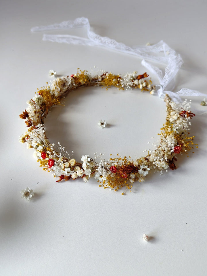 Terracotta Flower Bridal Crown: Preserved Cottagecore Wedding Wreath – handmade floral hair accessory by magaela