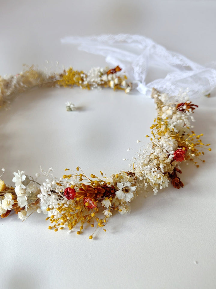 Terracotta Flower Bridal Crown: Preserved Cottagecore Wedding Wreath – handmade floral hair accessory by magaela