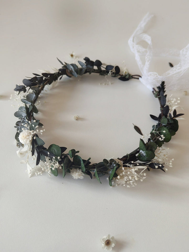 Eucalyptus Flower Wreath: Greenery Bridal Crown, Rustic Wedding Hair – handmade floral hair accessory by magaela