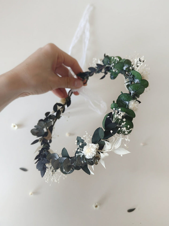 Eucalyptus Flower Wreath: Greenery Bridal Crown, Rustic Wedding Hair – handmade floral hair accessory by magaela
