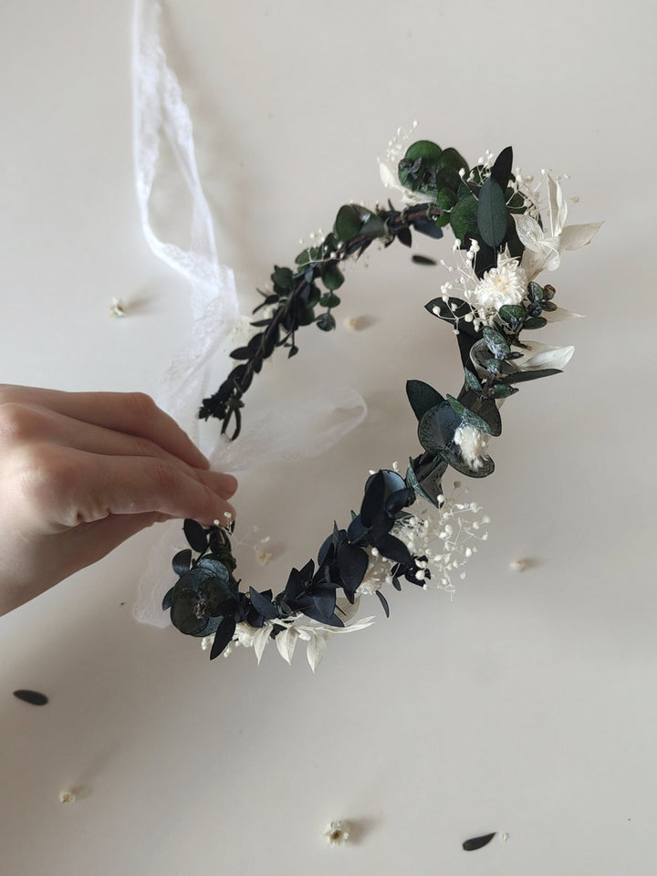 Eucalyptus Flower Wreath: Greenery Bridal Crown, Rustic Wedding Hair – handmade floral hair accessory by magaela