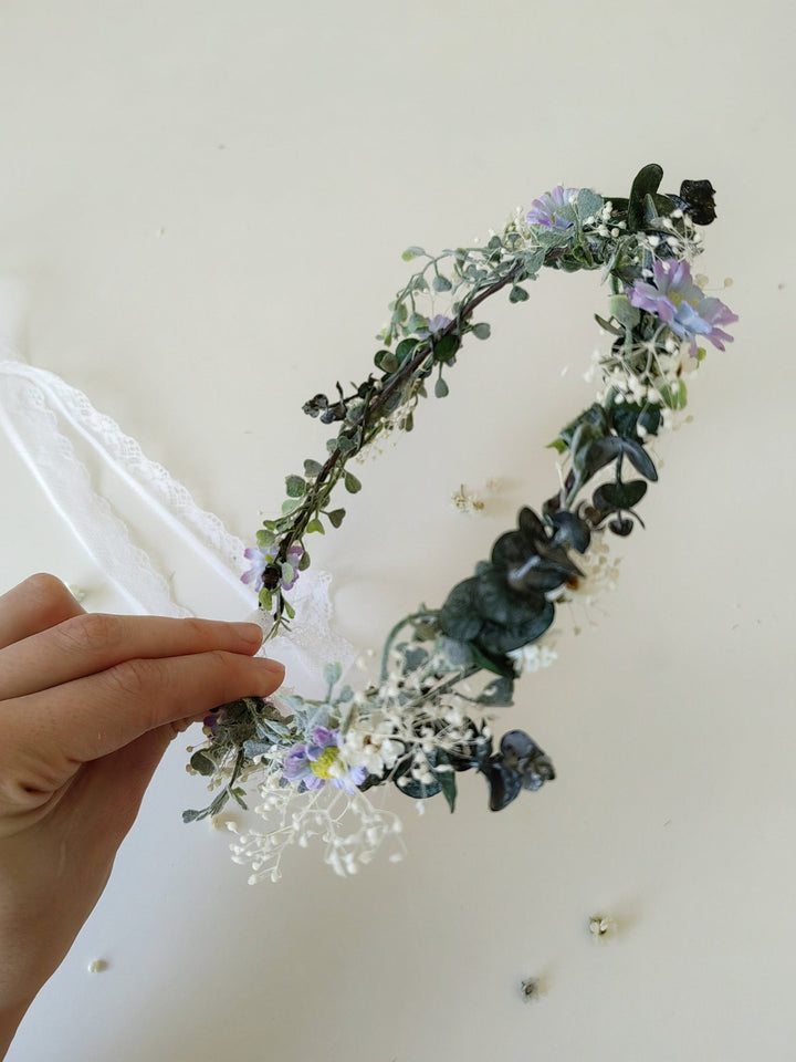 Daisy Eucalyptus Flower Wreath: Bridal Hair Accessory, Romantic Wedding – handmade floral hair accessory by magaela