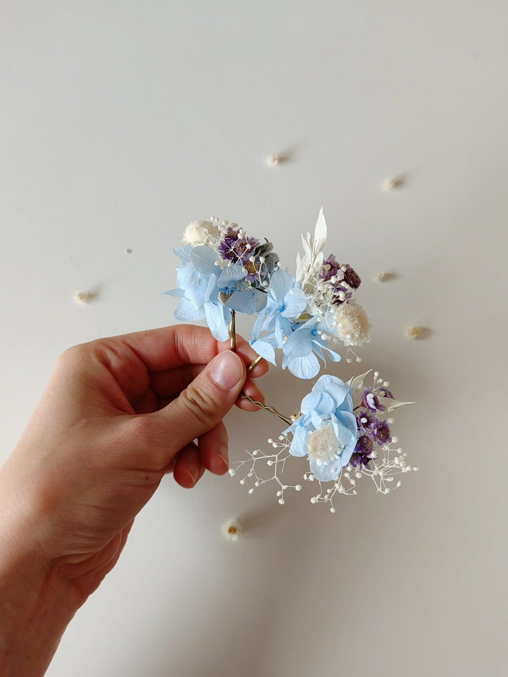 Baby Blue Hydrangea Hair Pins: Boho Bridal Flower Hairpiece – handmade floral hair accessory by magaela
