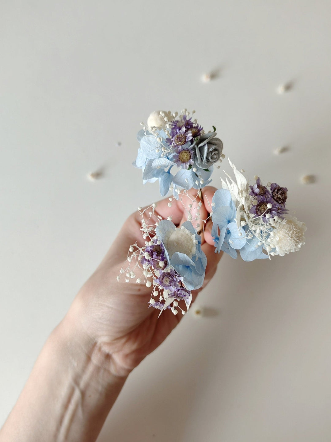 Baby Blue Hydrangea Hair Pins: Boho Bridal Flower Hairpiece – handmade floral hair accessory by magaela