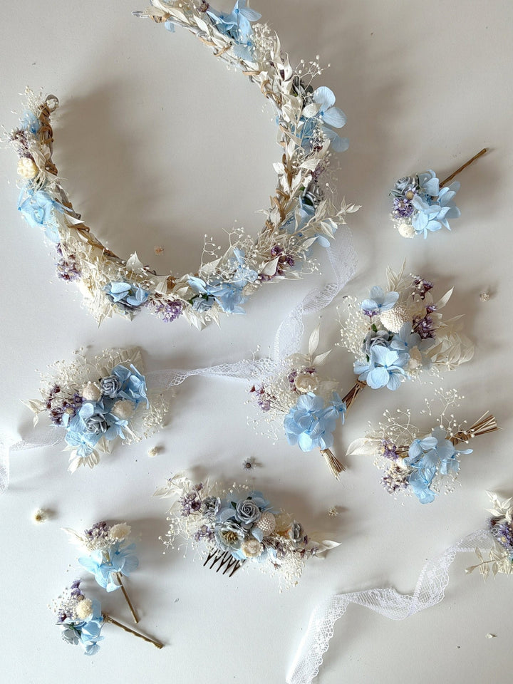 Baby Blue Hydrangea Hair Pins: Boho Bridal Flower Hairpiece – handmade floral hair accessory by magaela