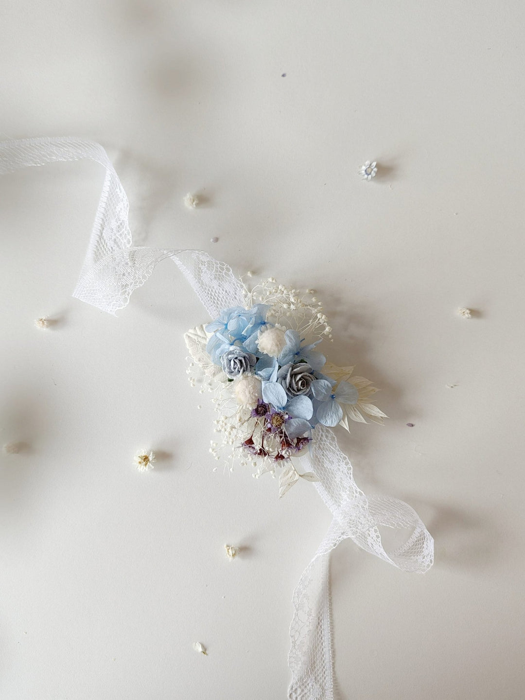 Baby Blue Hydrangea Bridal Bracelet: Preserved Flower Lace Wedding Jewelry – handmade floral hair accessory by magaela