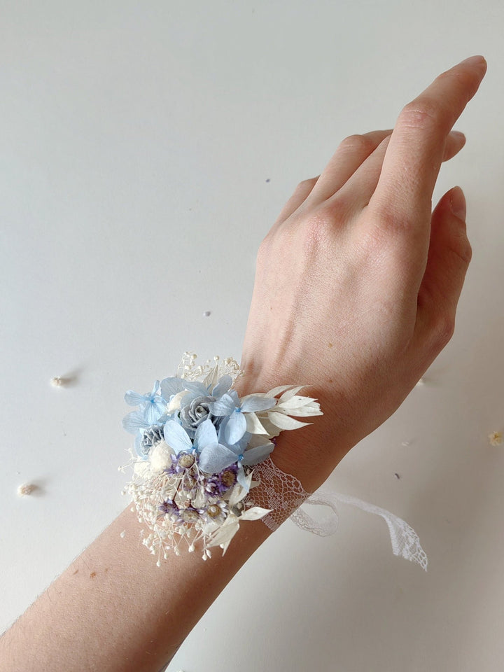 Baby Blue Hydrangea Bridal Bracelet: Preserved Flower Lace Wedding Jewelry – handmade floral hair accessory by magaela