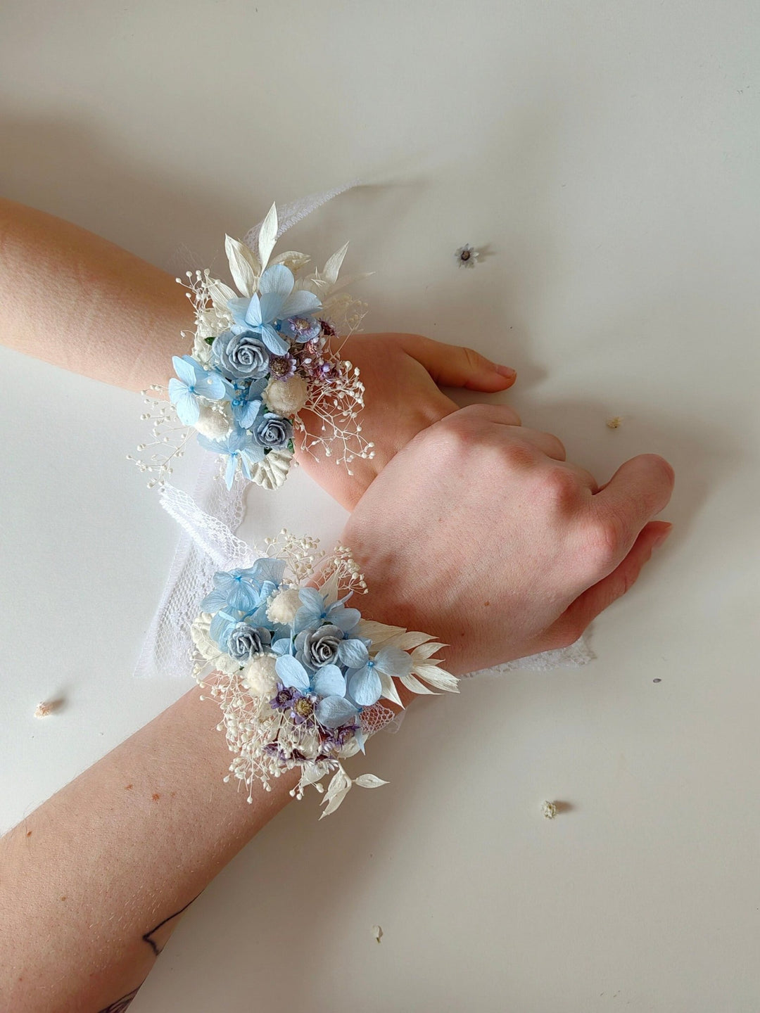Baby Blue Hydrangea Bridal Bracelet: Preserved Flower Lace Wedding Jewelry – handmade floral hair accessory by magaela