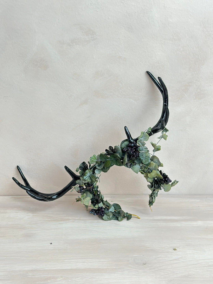 Black Flower Crown with Antlers: Halloween Wedding Headpiece – handmade floral hair accessory by magaela