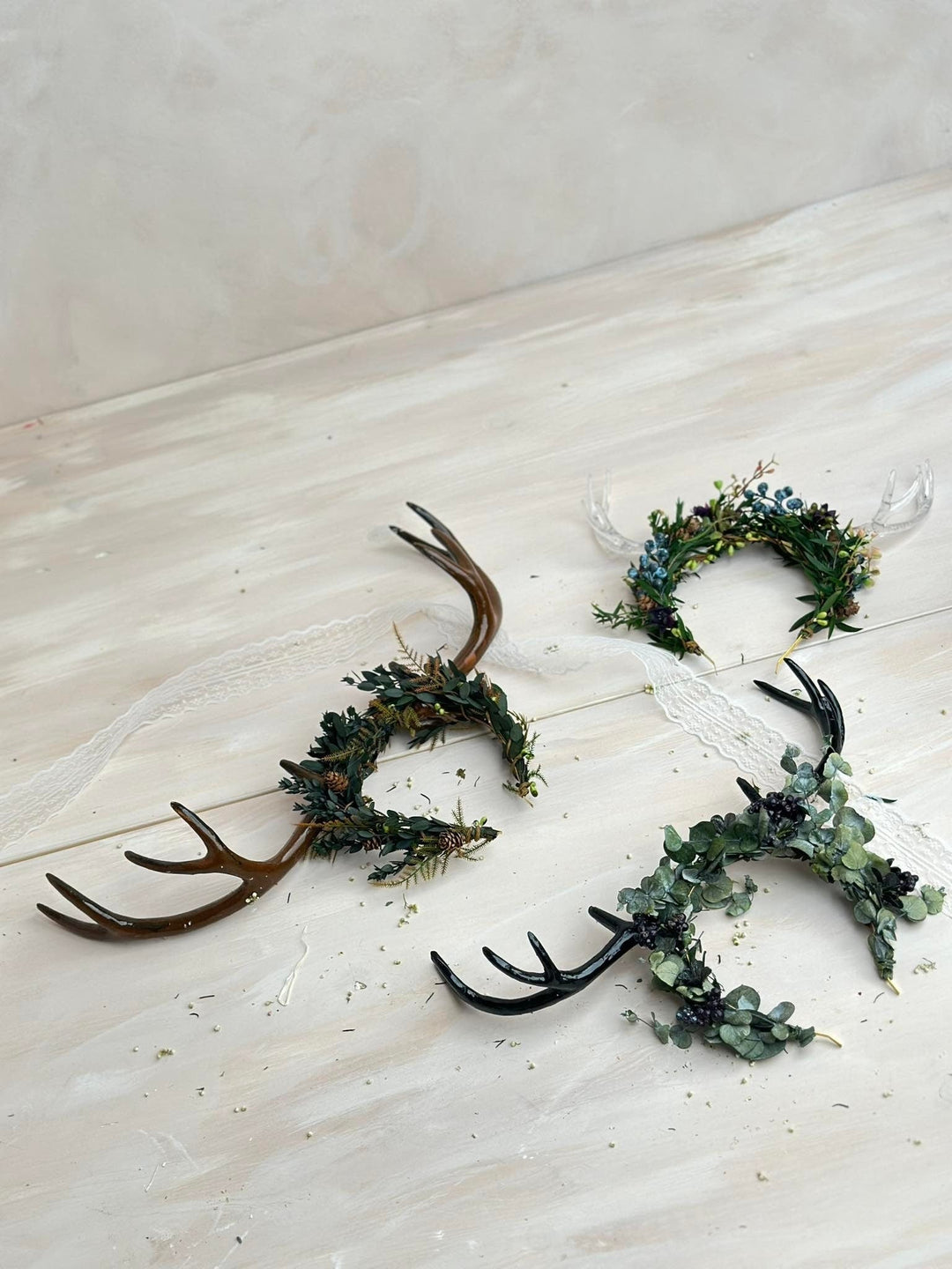Black Flower Crown with Antlers: Halloween Wedding Headpiece – handmade floral hair accessory by magaela