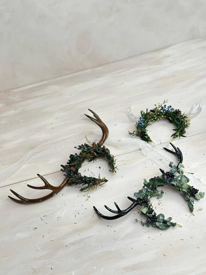 Black Flower Crown with Antlers: Halloween Wedding Headpiece – handmade floral hair accessory by magaela