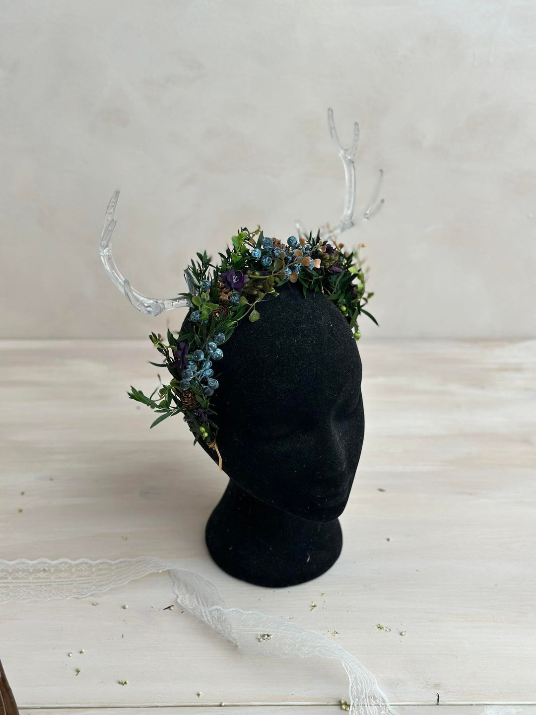 Black Flower Crown with Antlers: Halloween Wedding Headpiece – handmade floral hair accessory by magaela