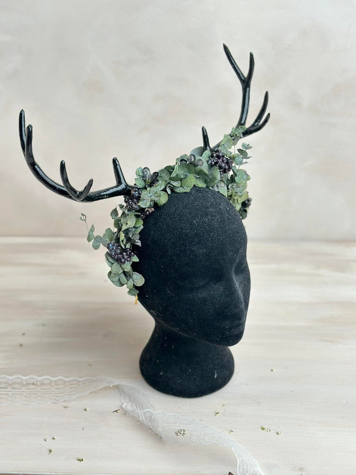 Black Flower Crown with Antlers: Halloween Wedding Headpiece – handmade floral hair accessory by magaela