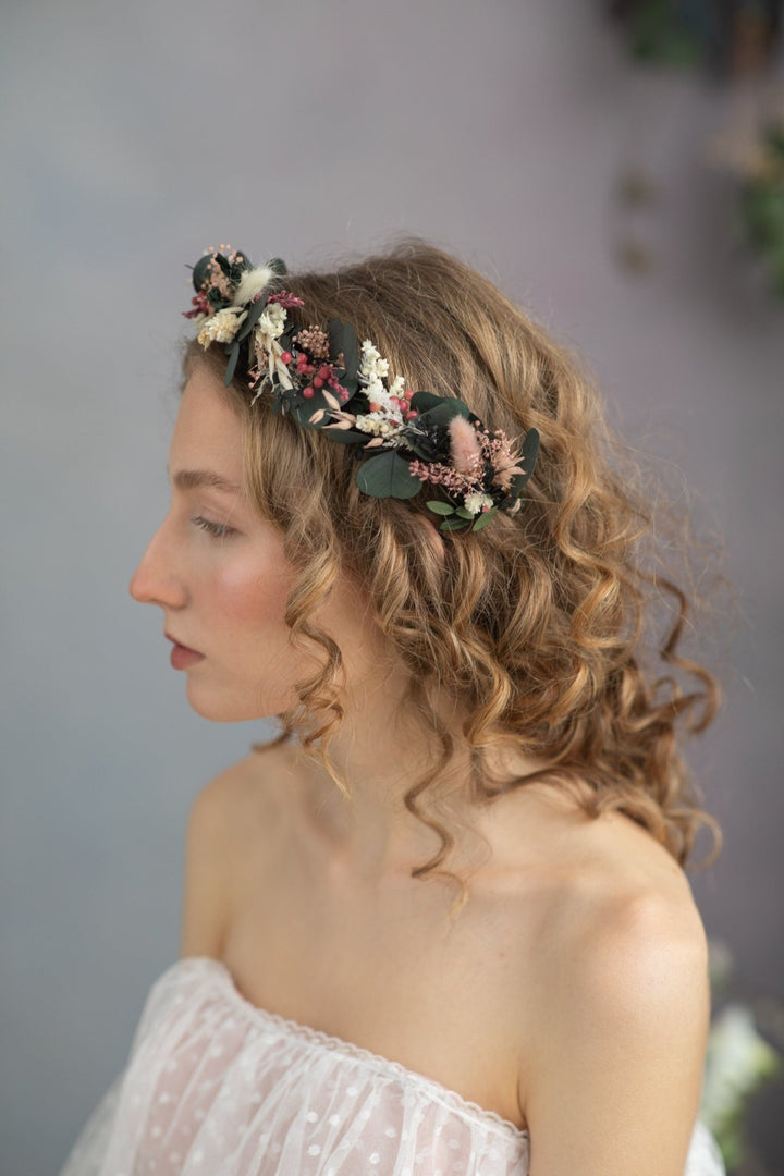Eucalyptus Bridal Crown: Preserved Flower Half Wreath, Boho Wedding – handmade floral hair accessory by magaela