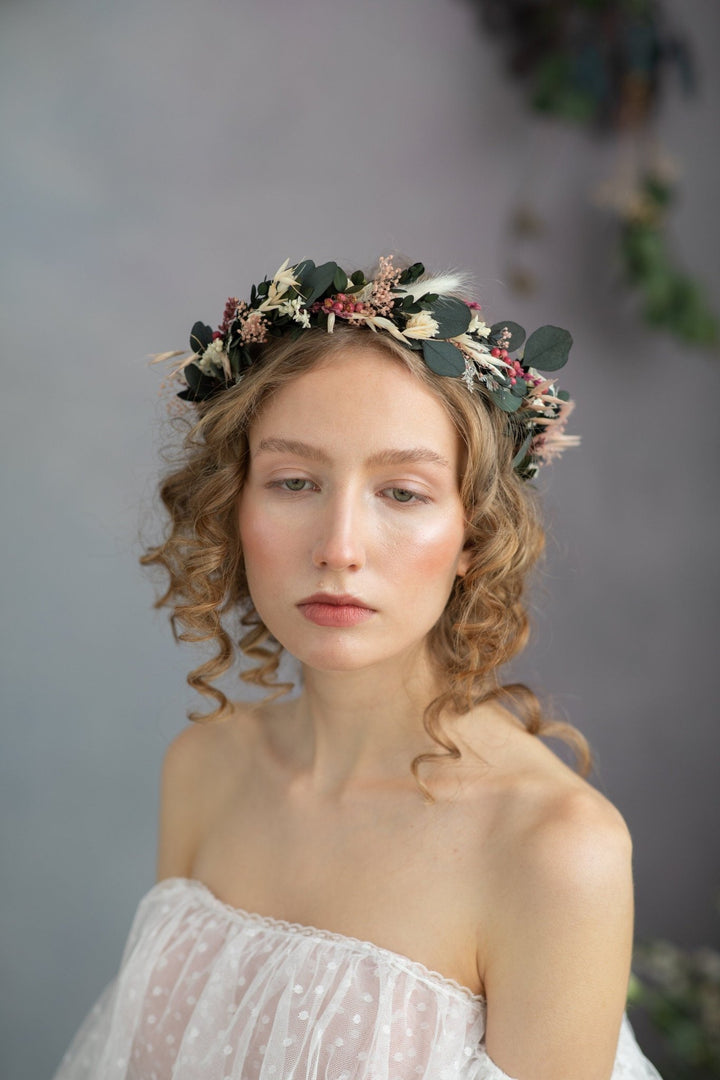 Eucalyptus Bridal Crown: Preserved Flower Half Wreath, Boho Wedding – handmade floral hair accessory by magaela