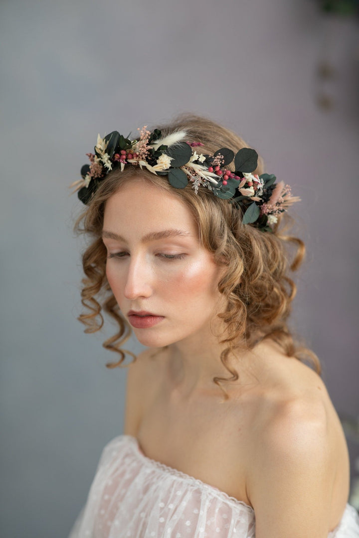Eucalyptus Bridal Crown: Preserved Flower Half Wreath, Boho Wedding – handmade floral hair accessory by magaela