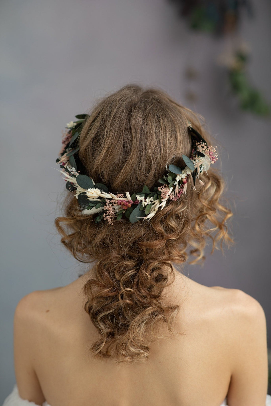Eucalyptus Bridal Crown: Preserved Flower Half Wreath, Boho Wedding – handmade floral hair accessory by magaela