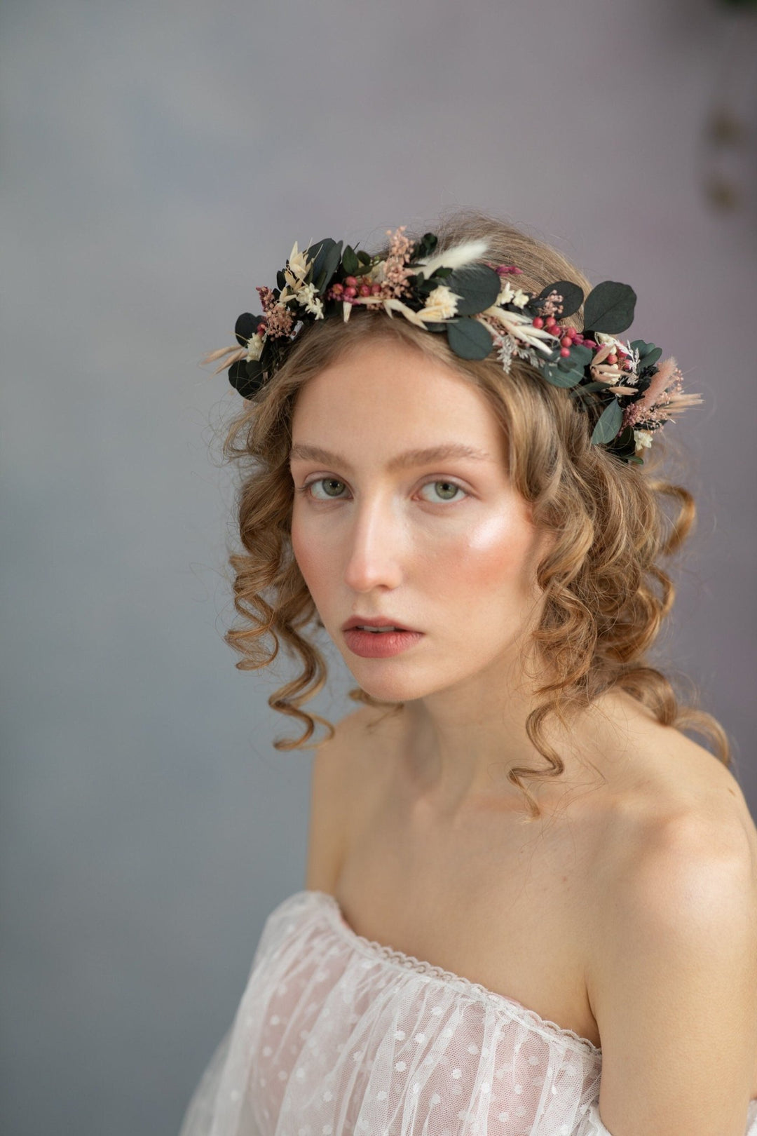Eucalyptus Bridal Crown: Preserved Flower Half Wreath, Boho Wedding – handmade floral hair accessory by magaela
