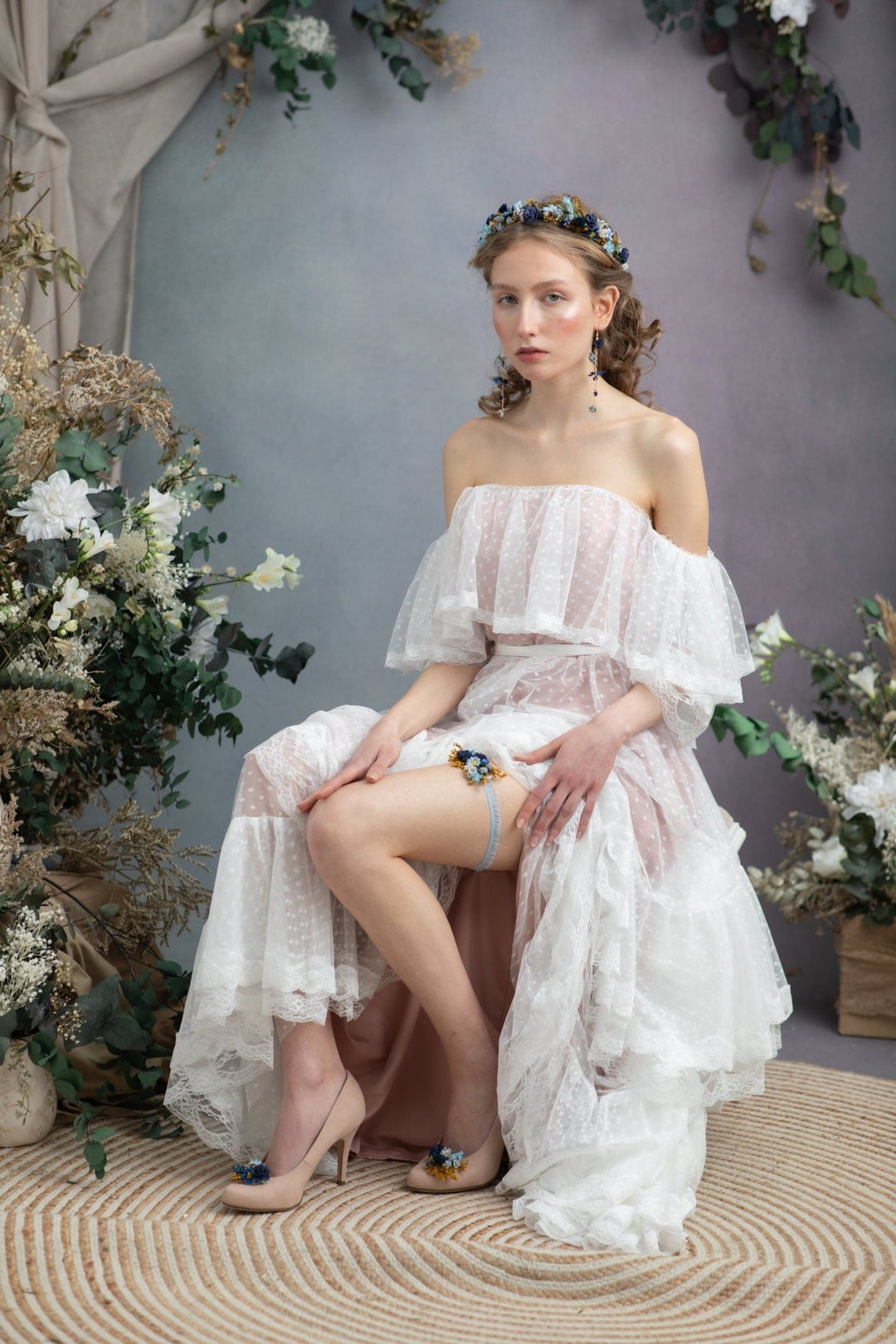 Something Blue Wedding Garter: Navy Floral Bridal Toss Garter – handmade floral hair accessory by magaela