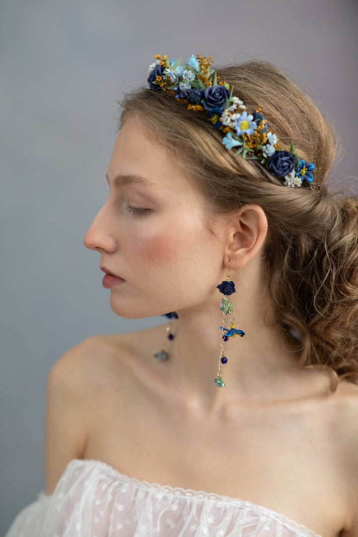 Navy Blue Flower Dangle Earrings: Bridal Wedding Jewelry – handmade floral hair accessory by magaela