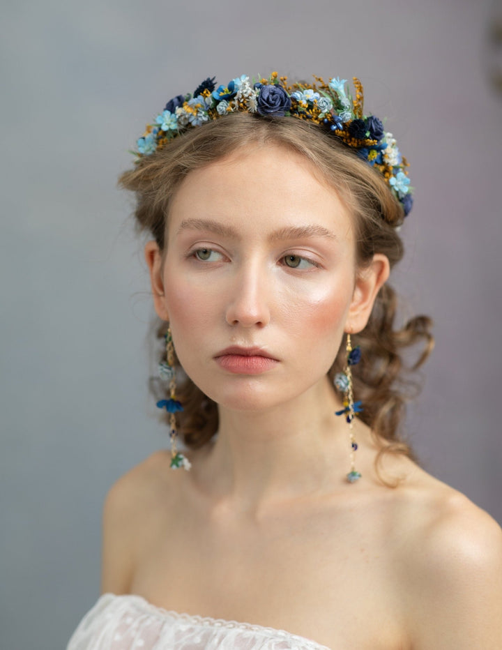 Navy Blue Flower Dangle Earrings: Bridal Wedding Jewelry – handmade floral hair accessory by magaela