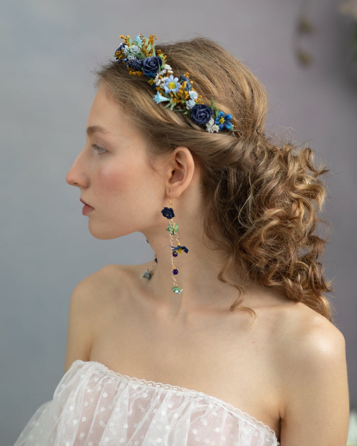 Navy Blue Flower Dangle Earrings: Bridal Wedding Jewelry – handmade floral hair accessory by magaela