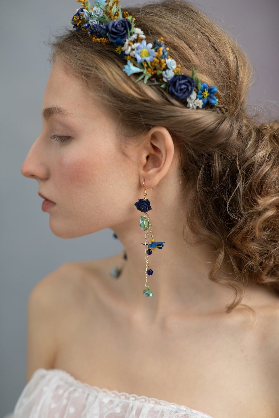 Navy Blue Flower Dangle Earrings: Bridal Wedding Jewelry – handmade floral hair accessory by magaela