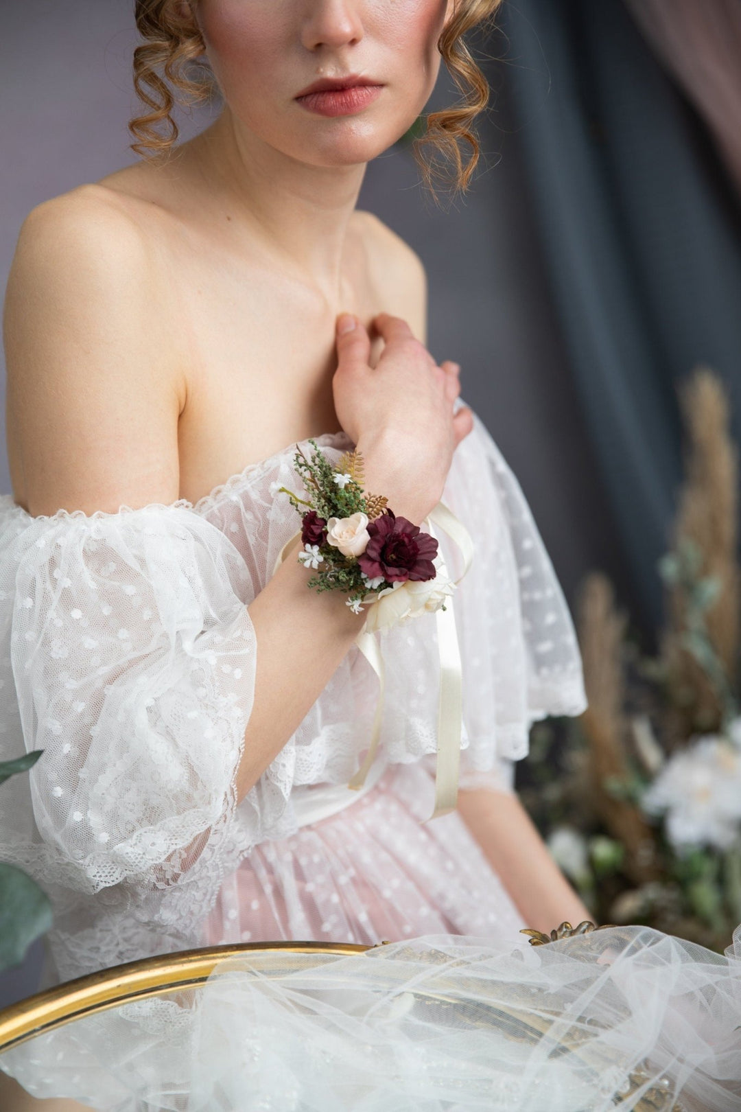Burgundy Flower Bracelet with Ribbon: Romantic Bridal Corsage – handmade floral hair accessory by magaela