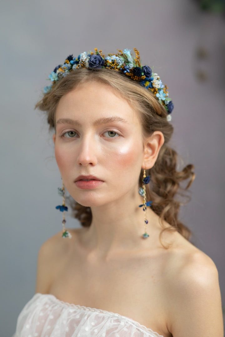 Navy Blue Rose Flower Crown: Bridal Headpiece, Something Blue – handmade floral hair accessory by magaela