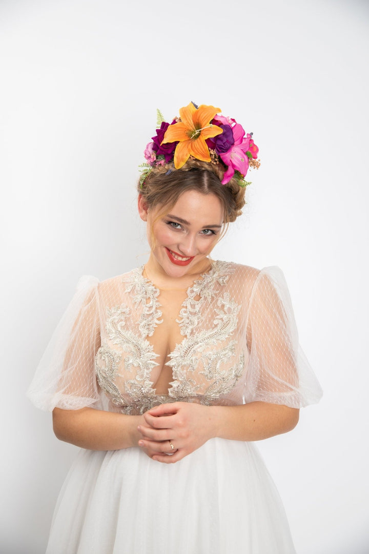 Frida Flower Headband: Lily, Fuchsia, Summer Wedding Headpiece – handmade floral hair accessory by magaela