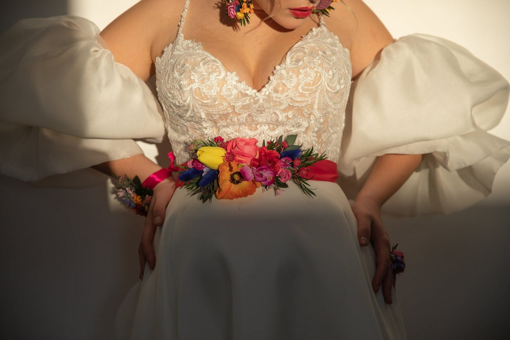 Tulip Flower Belt: Boho Wedding Dress Sash, Colorful Hippie Design – handmade floral hair accessory by magaela
