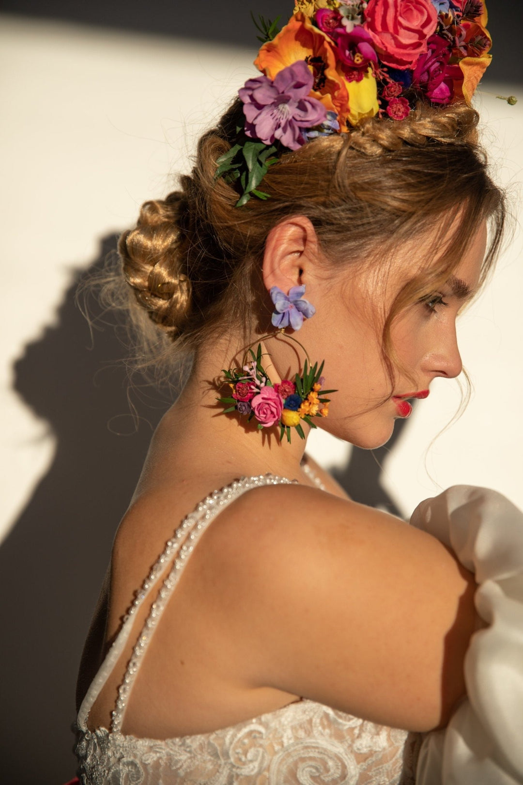 Boho Flower Circle Earrings: Bridal Wedding Jewelry – handmade floral hair accessory by magaela