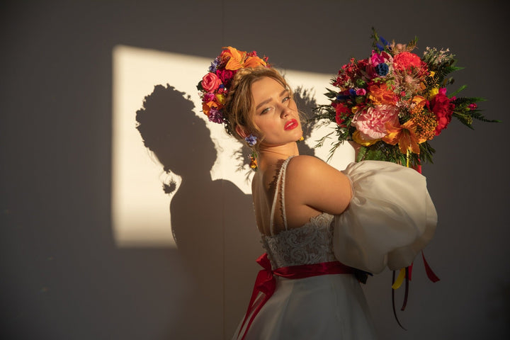 Large Lily Bridal Bouquet: Colorful Boho Summer Wedding – handmade floral hair accessory by magaela