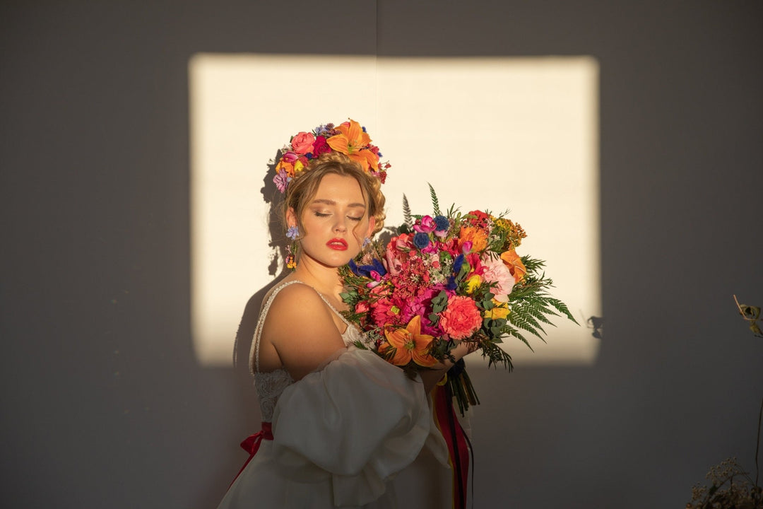 Large Lily Bridal Bouquet: Colorful Boho Summer Wedding – handmade floral hair accessory by magaela
