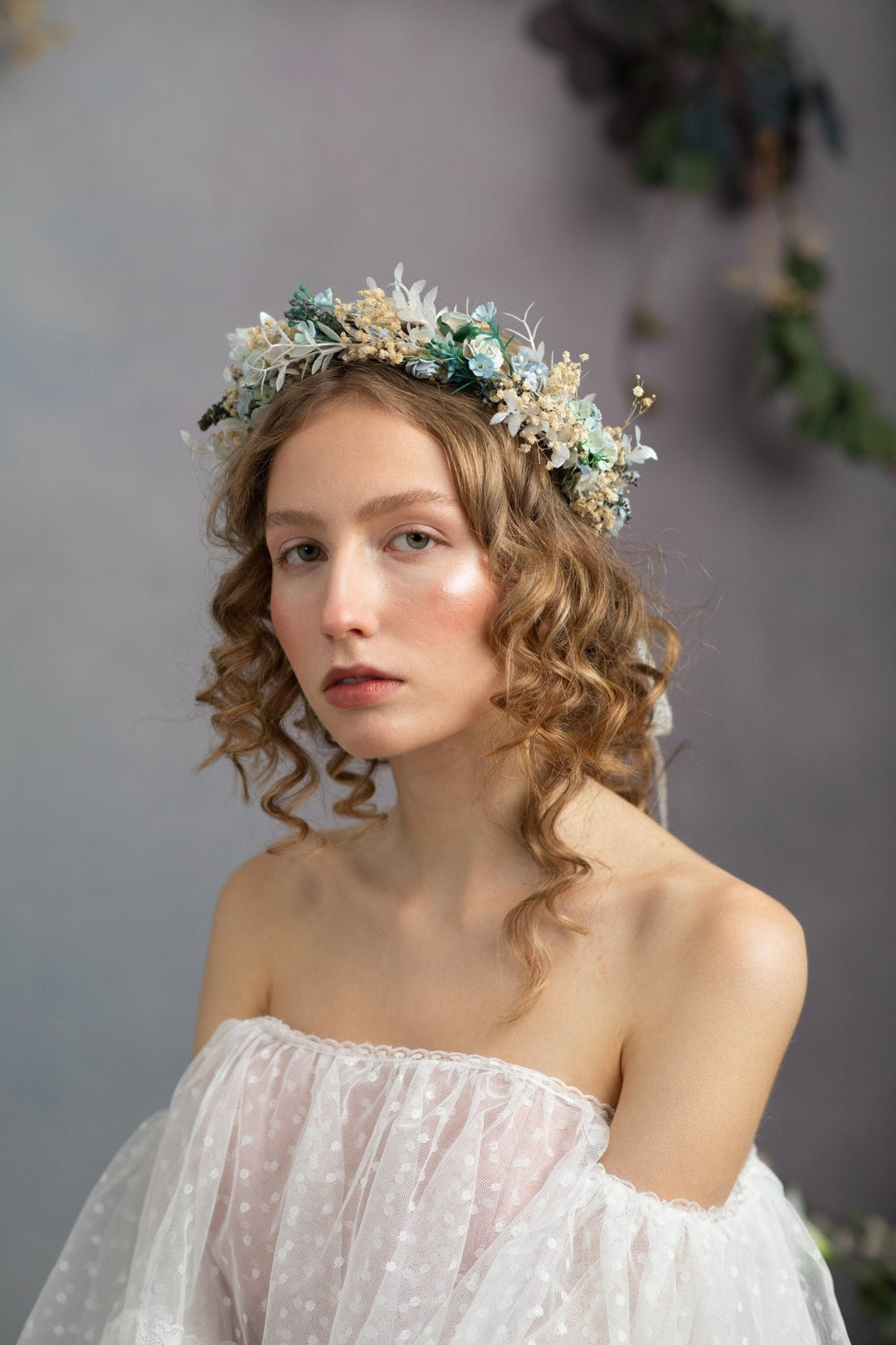 Dusty Blue Flower Crown: Bridal Hair Wreath, Baby's Breath Boho Crown – handmade floral hair accessory by magaela