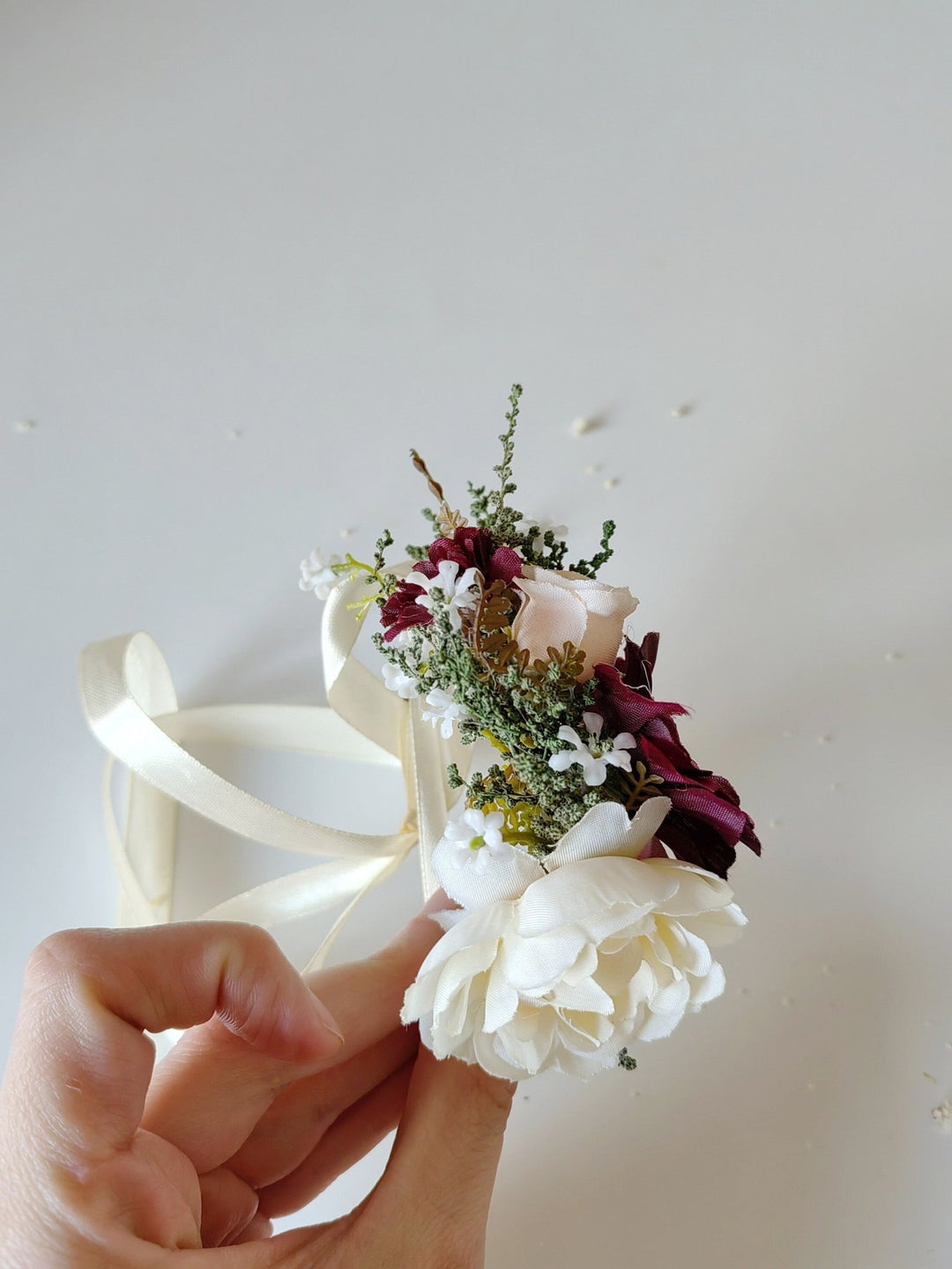 Burgundy Flower Bracelet with Ribbon: Romantic Bridal Corsage – handmade floral hair accessory by magaela