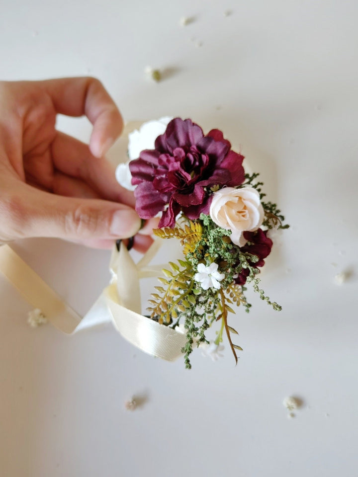 Burgundy Flower Bracelet with Ribbon: Romantic Bridal Corsage – handmade floral hair accessory by magaela