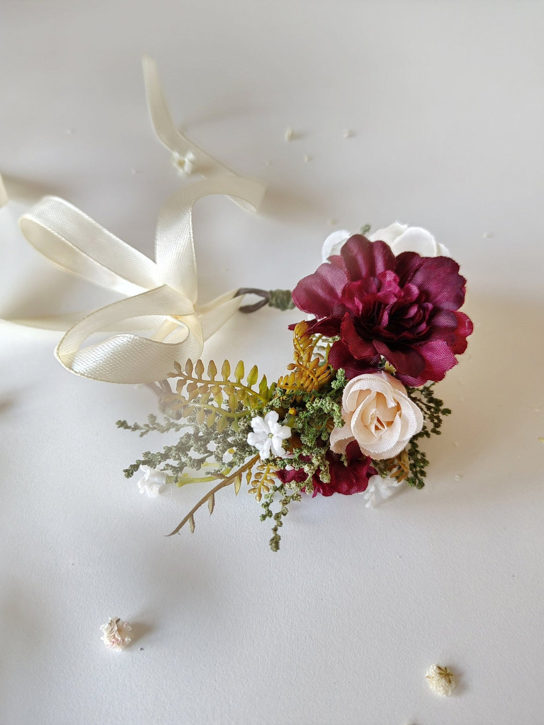 Burgundy Flower Bracelet with Ribbon: Romantic Bridal Corsage – handmade floral hair accessory by magaela