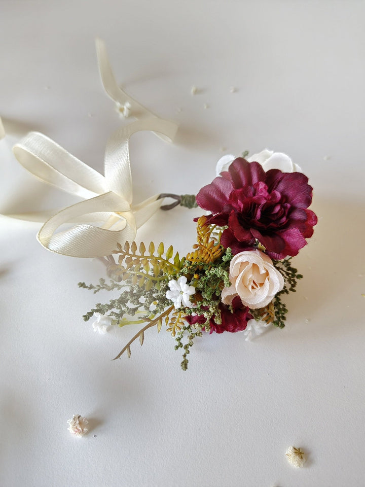 Burgundy Flower Bracelet with Ribbon: Romantic Bridal Corsage – handmade floral hair accessory by magaela