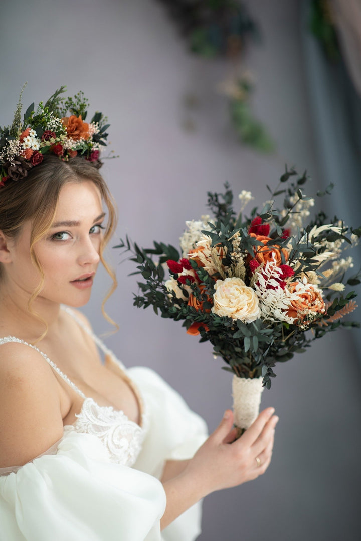Terracotta Bridal Bouquet: Burnt Orange Rustic Wedding Flowers – handmade floral hair accessory by magaela