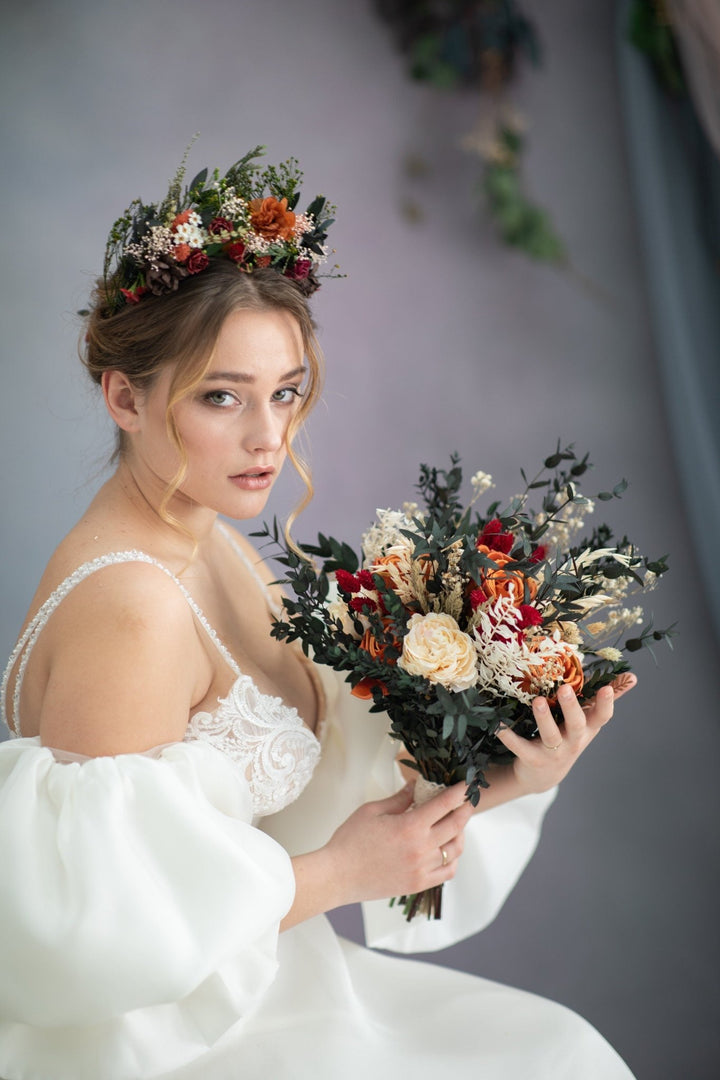 Terracotta Bridal Bouquet: Burnt Orange Rustic Wedding Flowers – handmade floral hair accessory by magaela