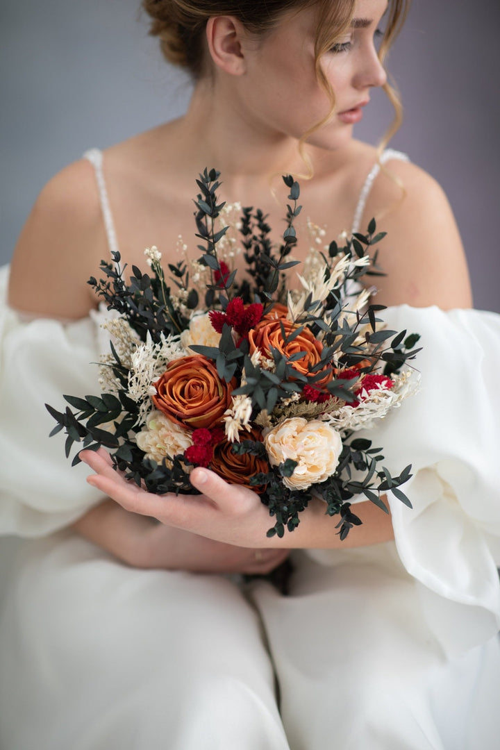 Terracotta Bridal Bouquet: Burnt Orange Rustic Wedding Flowers – handmade floral hair accessory by magaela