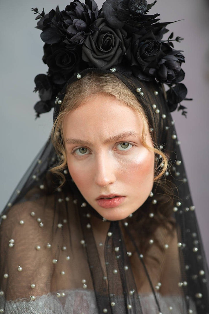 Gothic flower crown: Halloween flower black headpiece – handmade floral hair accessory by magaela