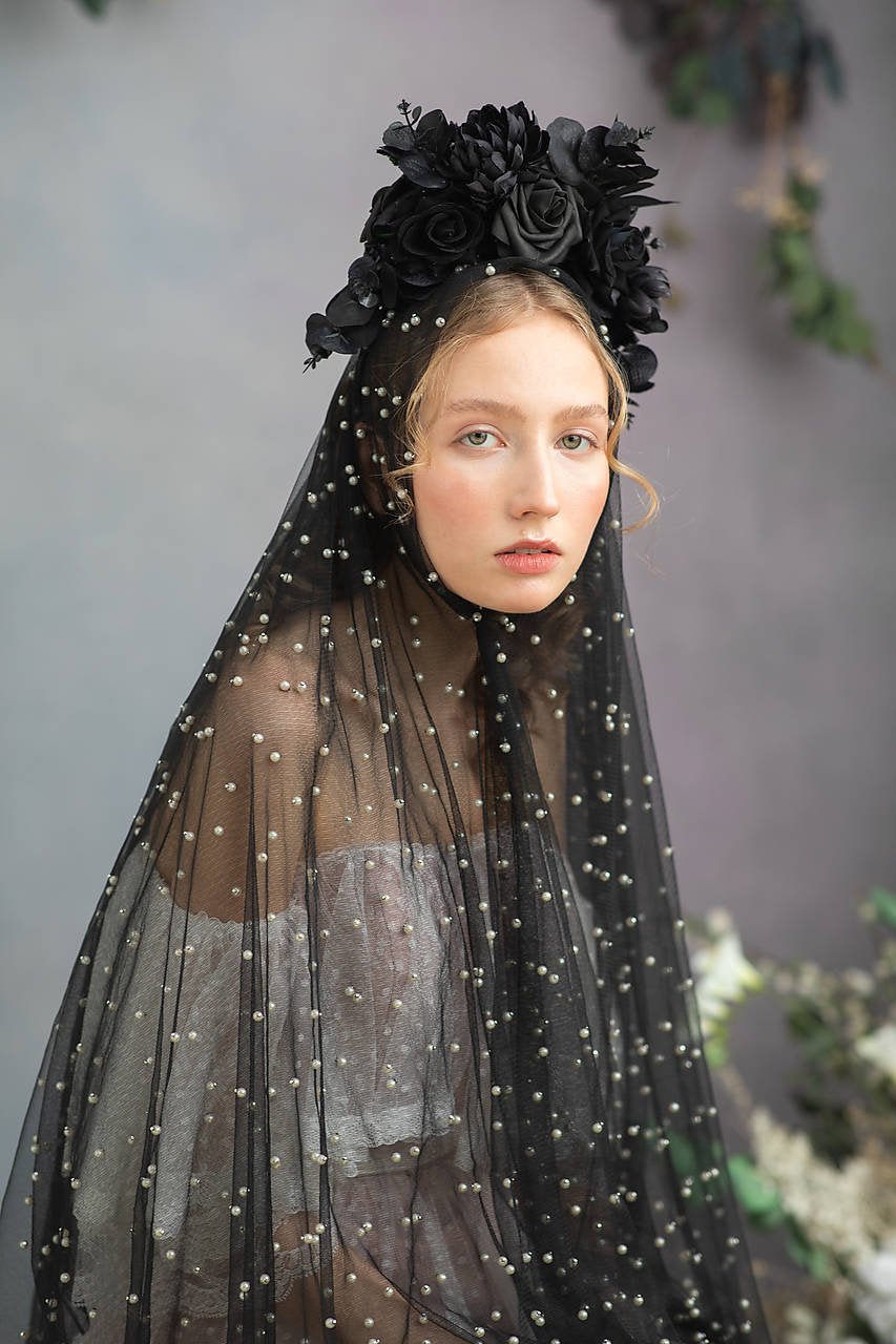 Gothic flower crown: Halloween flower black headpiece – handmade floral hair accessory by magaela