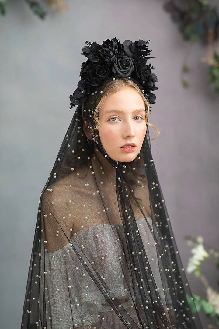 Gothic flower crown: Halloween flower black headpiece – handmade floral hair accessory by magaela